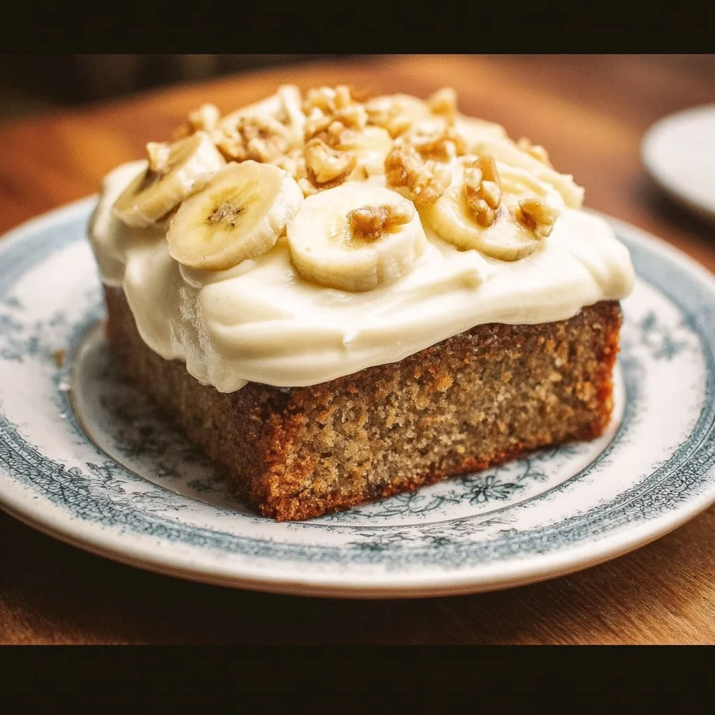 Delicious Banana Cake with Cream Cheese Frosting on a decorative plate