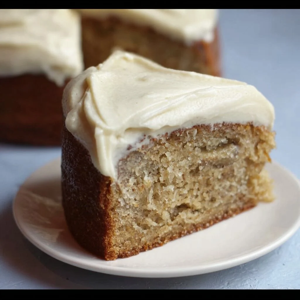 Slice of banana cake with spiced vanilla buttercream on a plate