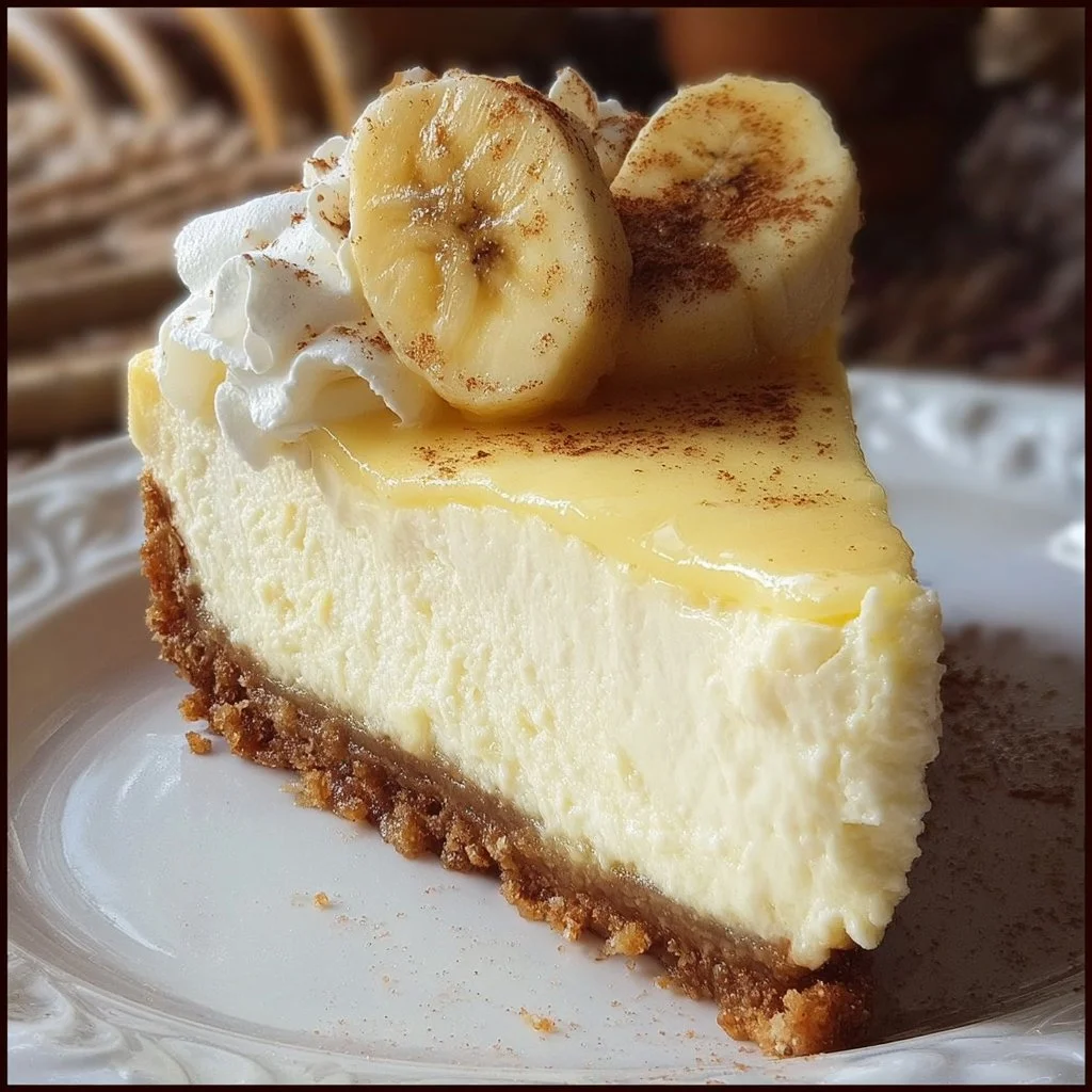 Delicious slice of homemade Banana Cream Cheesecake topped with banana slices