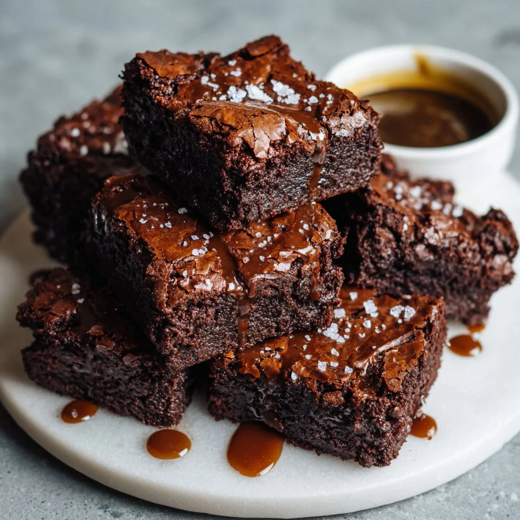 Delicious, fudgy brownies topped with chocolate drizzle on a wooden table.