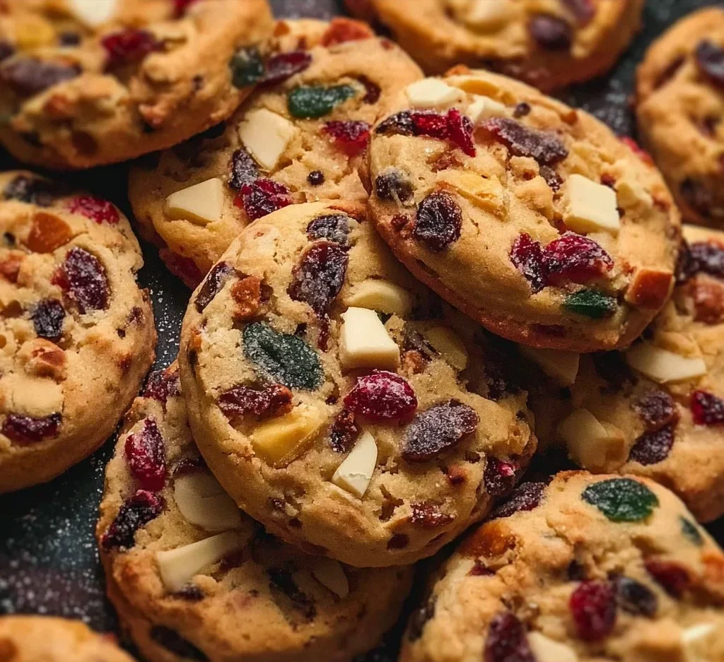 Delicious fruitcake cookies decorated with nuts and dried fruits on a plate