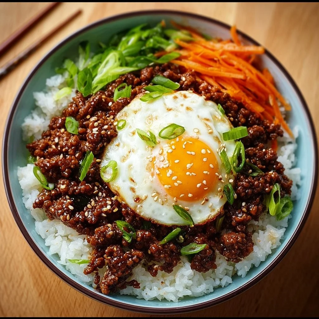 A delicious Korean Ground Beef Bowl garnished with green onions and sesame seeds.