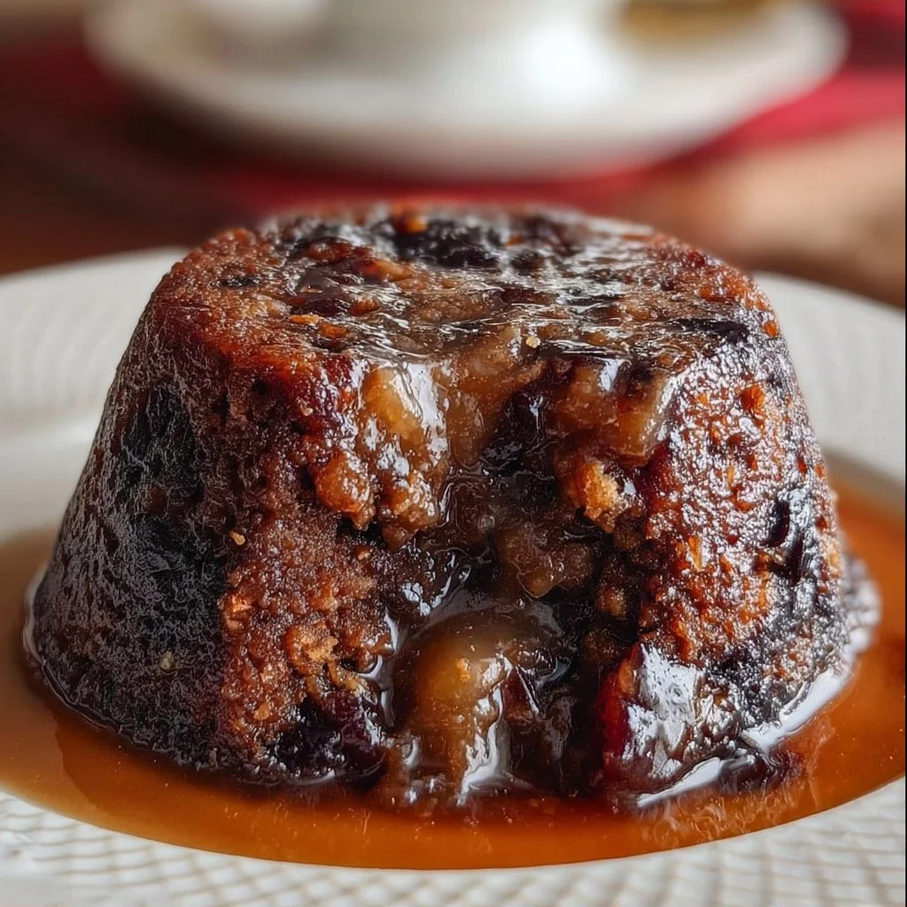 Delicious slow cooker Christmas pudding garnished with holly and served on a festive table