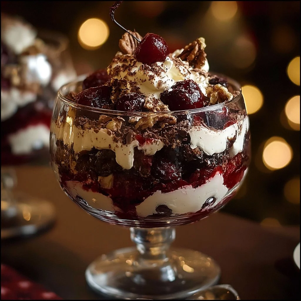 Delicious Black Forest Trifle layered with chocolate, cherries, and whipped cream.