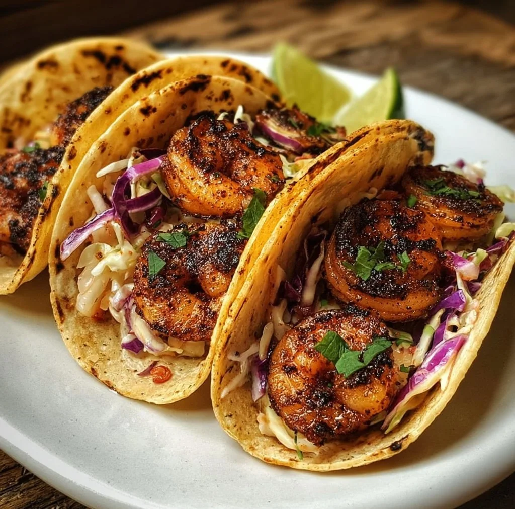 Delicious blackened shrimp tacos topped with fresh slaw on a plate