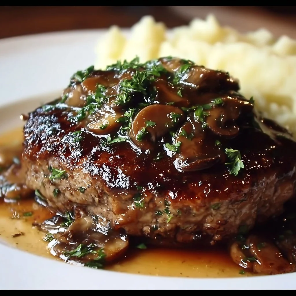 Bobby Flay's savory Salisbury steak served with rich gravy and sides.