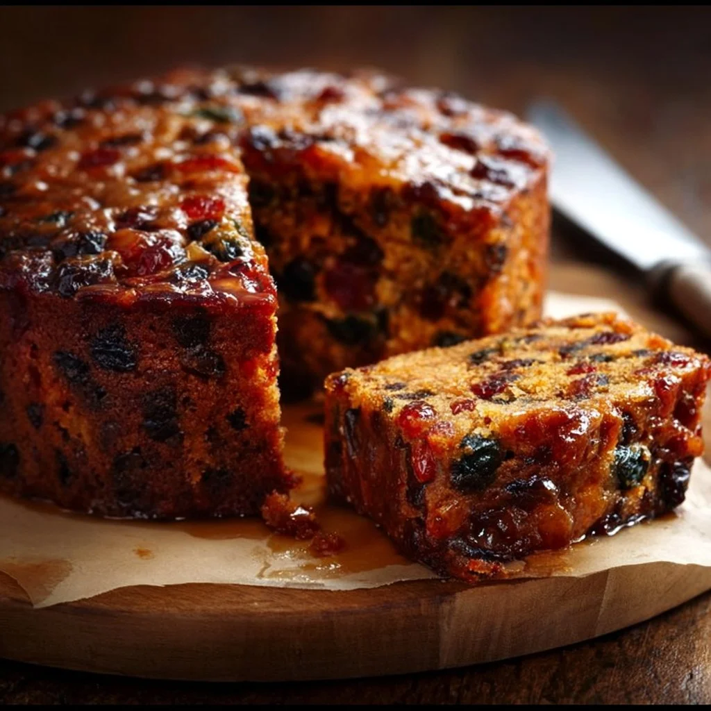 Boozy fruit cake adorned with dried fruits and nuts, perfect for celebrations