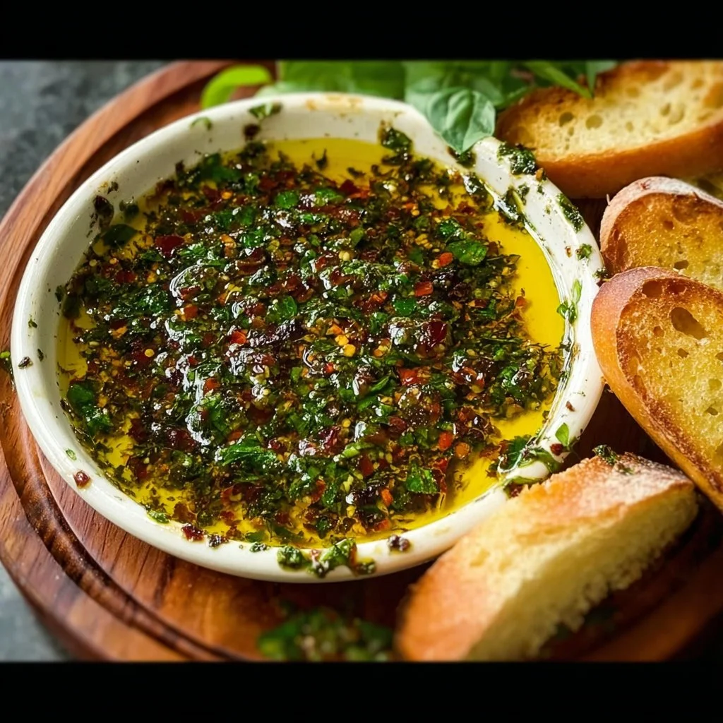 Homemade bread dipping oil with herbs on a wooden table