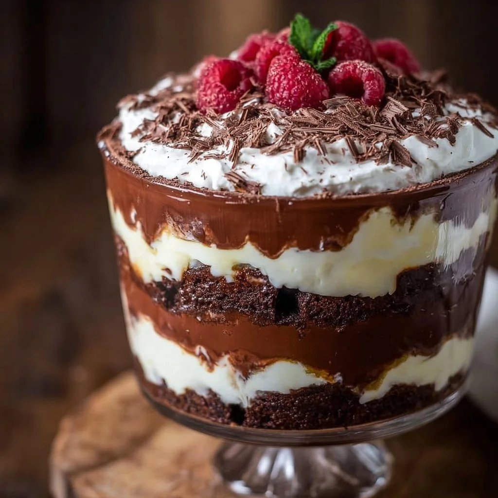 Decadent Brownie Trifle layered dessert with rich chocolate and whipped cream