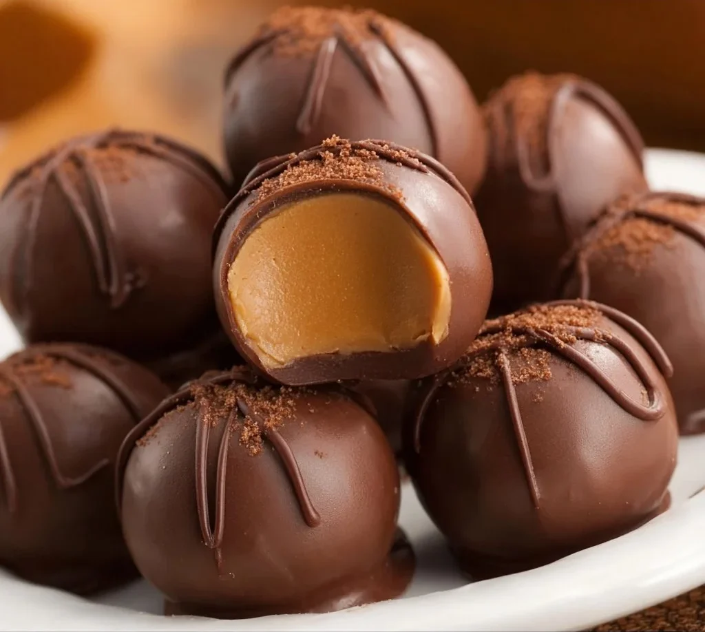 Homemade Buckeyes candy on a wooden table, showcasing their chocolate coating and peanut butter filling.