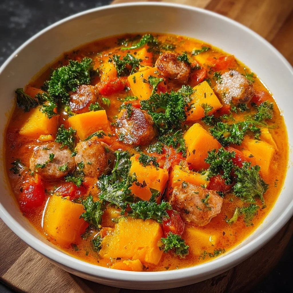 Bowl of Butternut Squash and Sausage Stew with herbs