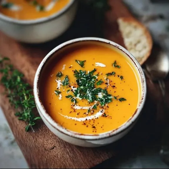 Creamy butternut squash soup served in a bowl garnished with herbs.