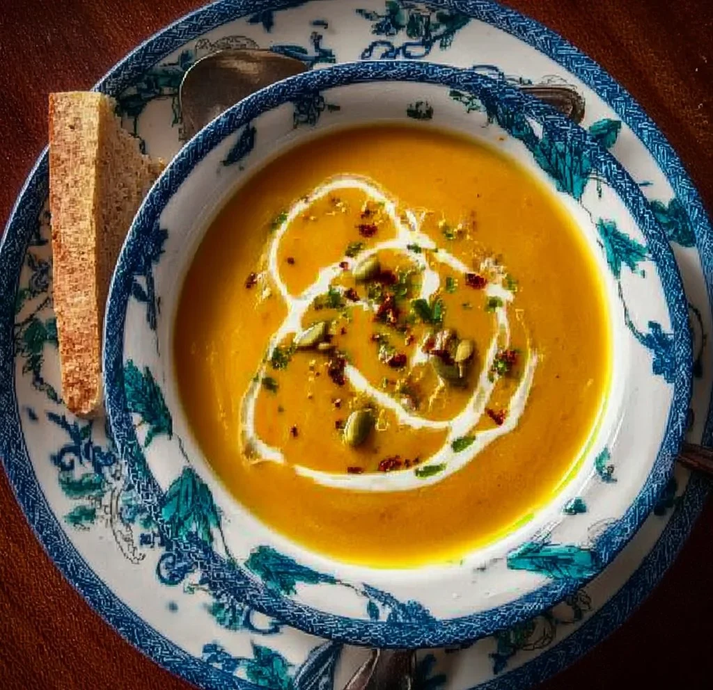 Warm bowl of creamy butternut squash soup garnished with herbs.