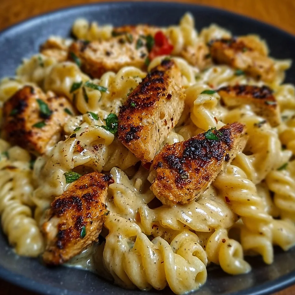Plate of Cajun Chicken Pasta with creamy sauce and vegetables