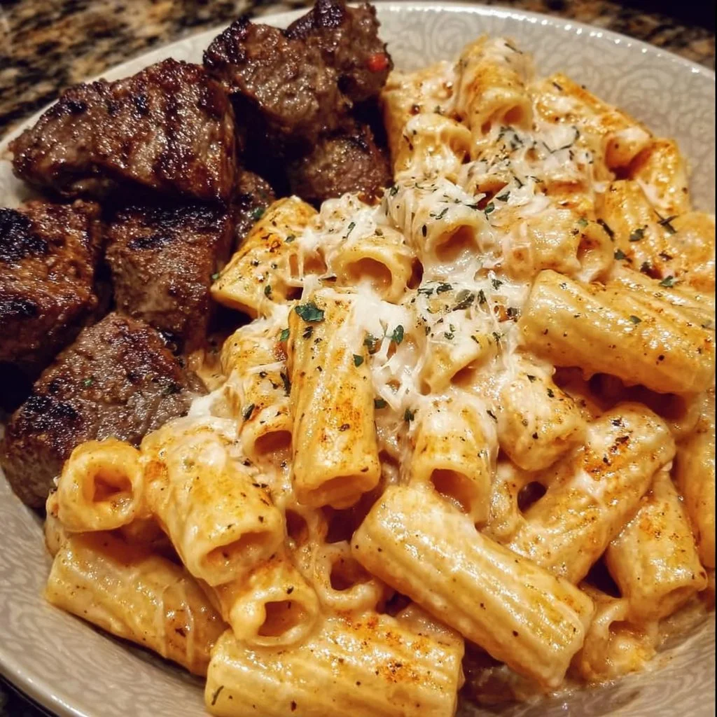 Cajun Steak Tips served over cheesy rigatoni parmesan sauce for a savory meal