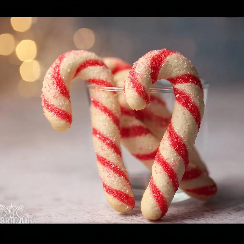 Delicious Candy Cane Cookies decorated with red and green stripes for the holidays.