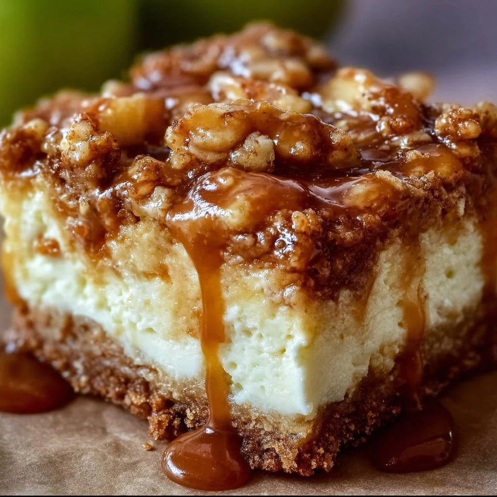 Delicious caramel apple cheesecake bars topped with caramel drizzle