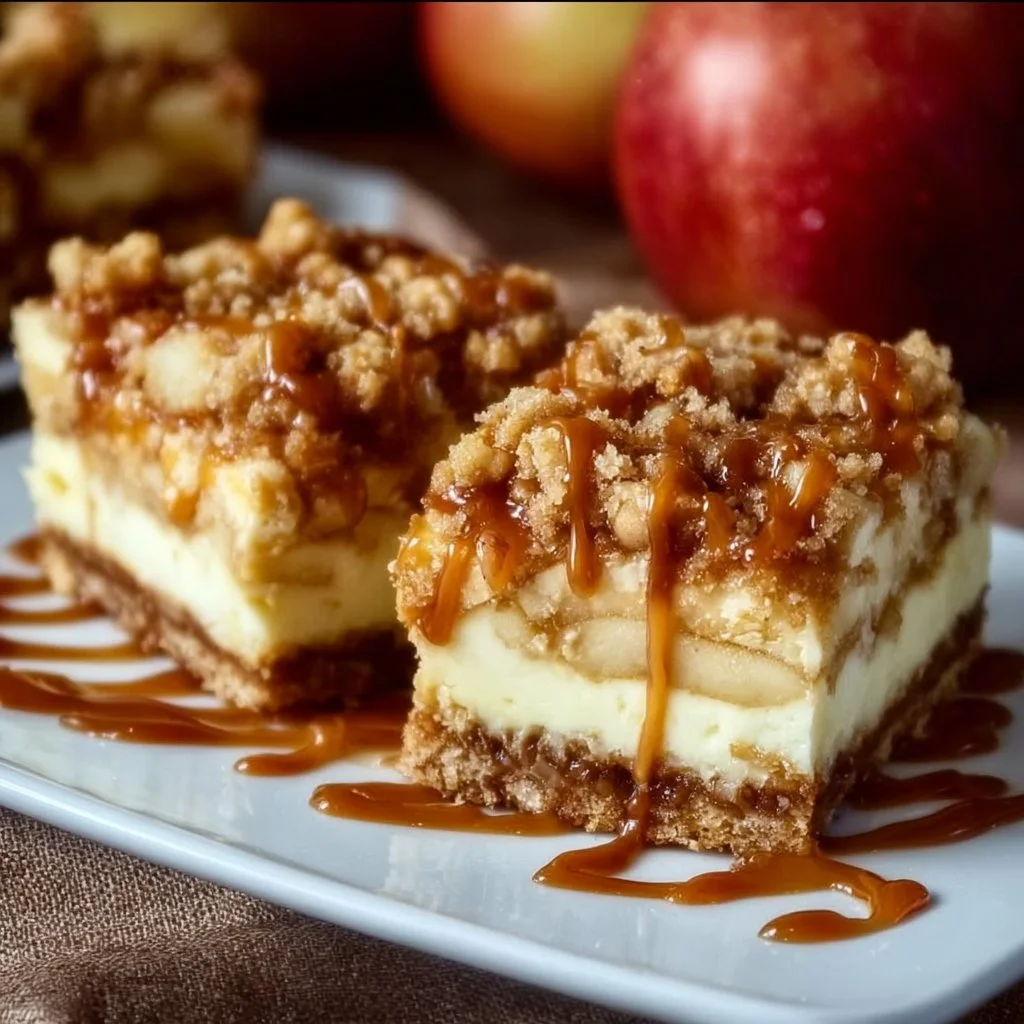 Delicious caramel apple cheesecake bars topped with caramel drizzle.