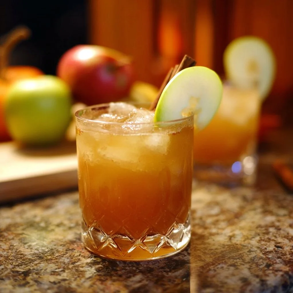 Caramel Apple Cider Bourbon Cocktail served in a glass with apple slices and caramel drizzle.