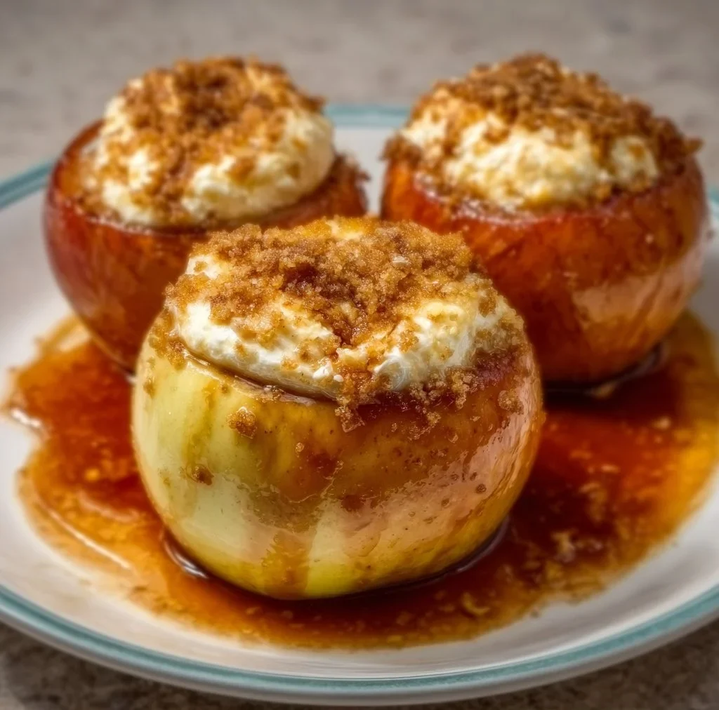 Cheesecake stuffed baked apples with a creamy filling and golden-brown skin