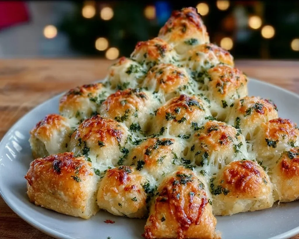 Cheesy Christmas tree bread styled as a festive decoration and delicious appetizer.