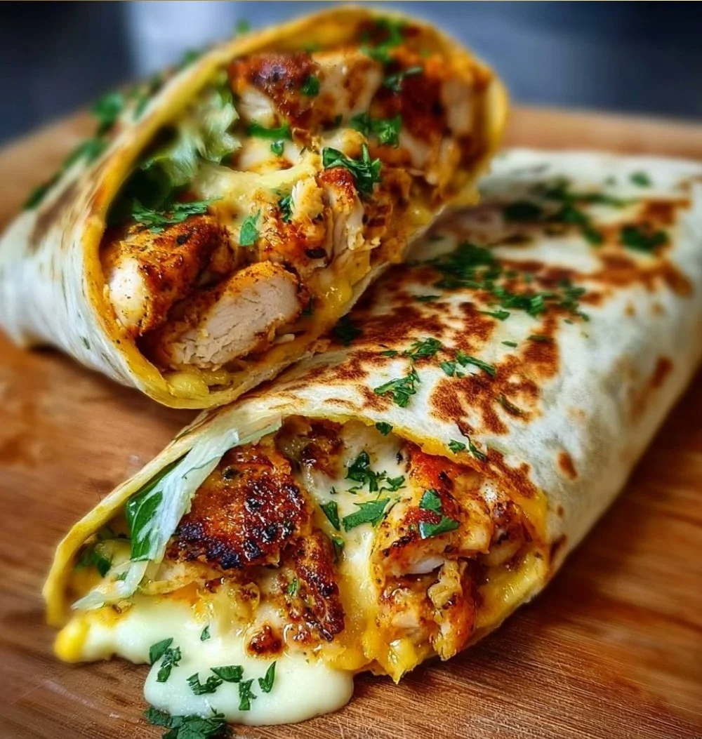 Cheesy garlic chicken wraps filled with chicken, cheese, and spices