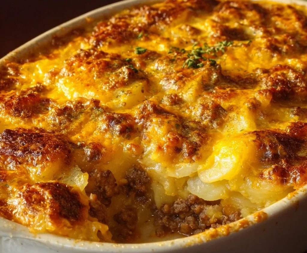 Delicious cheesy hamburger potato casserole served in a dish