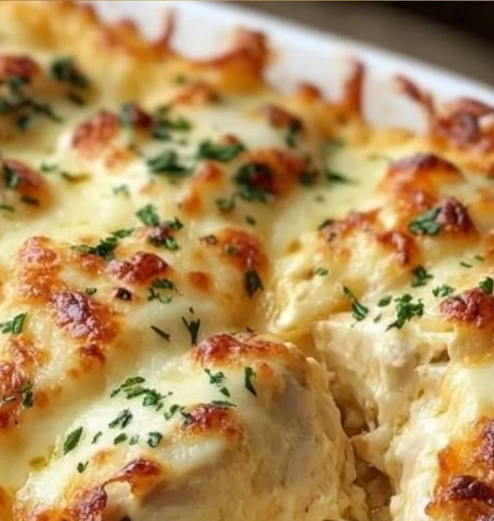 Cheesy Mozzarella Chicken Bake with melted cheese on top