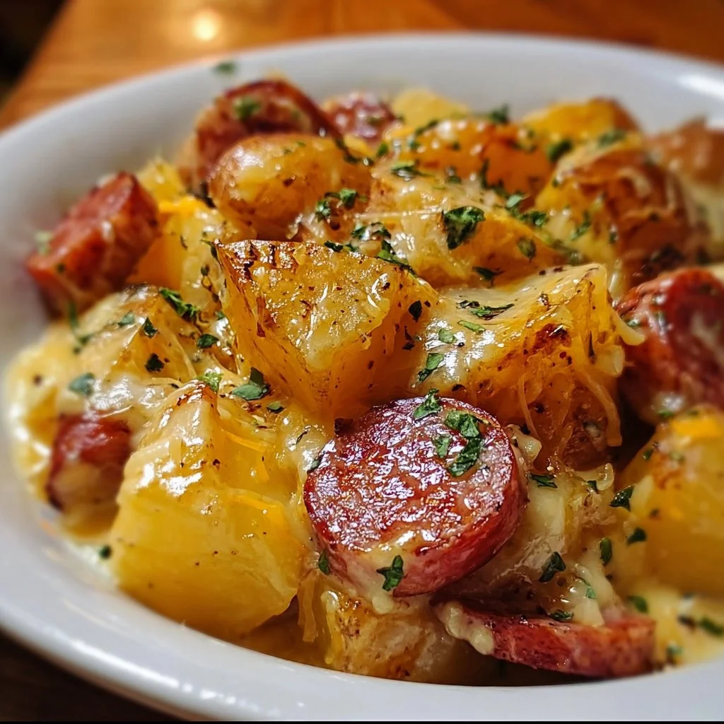 Cheesy Ranch Potatoes with Smoked Sausage baked in a dish
