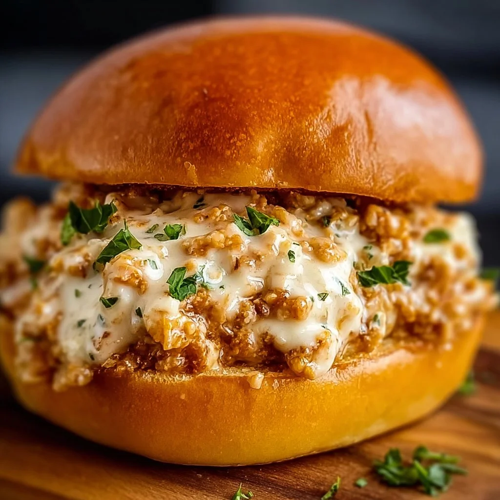 Chicken Alfredo Sloppy Joes served on a plate with toppings