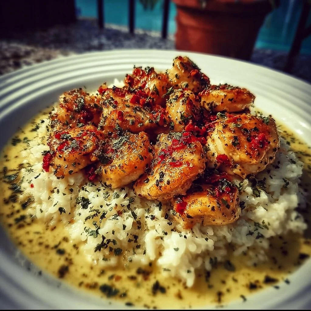Plate of Chicken Scampi with Creamy Garlic Parmesan Rice, garnished and ready to serve