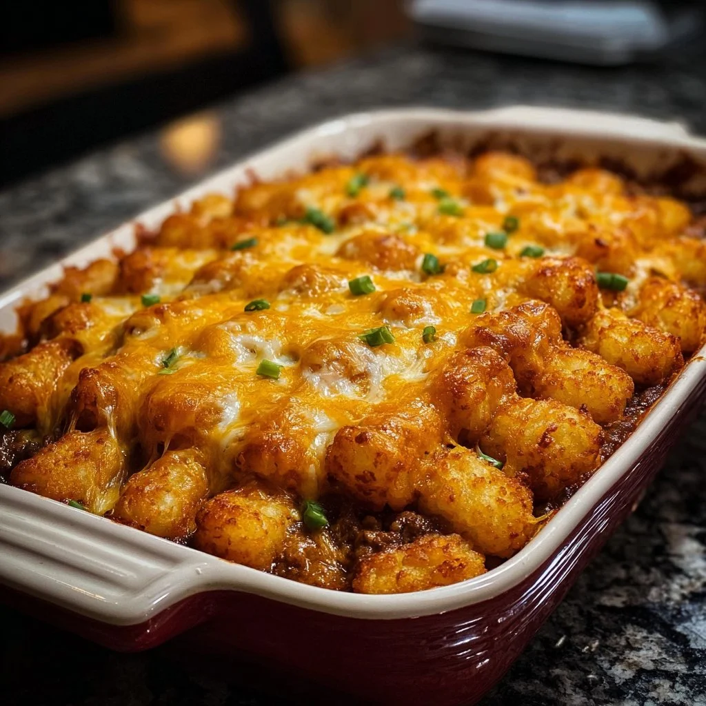 Chili Cheese Tater Tot Casserole topped with cheese and chili in a baking dish