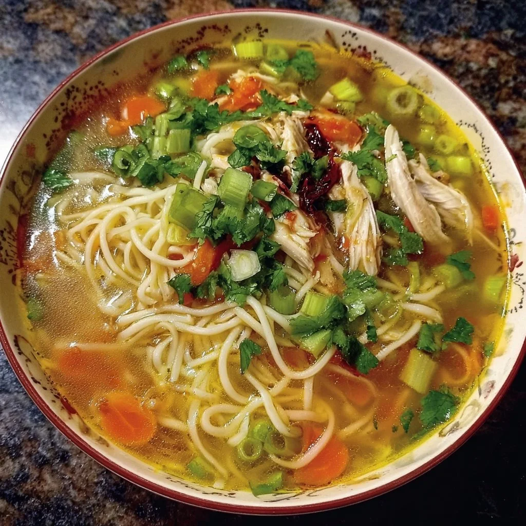 Delicious Chinese-inspired chicken noodle soup in a bowl.