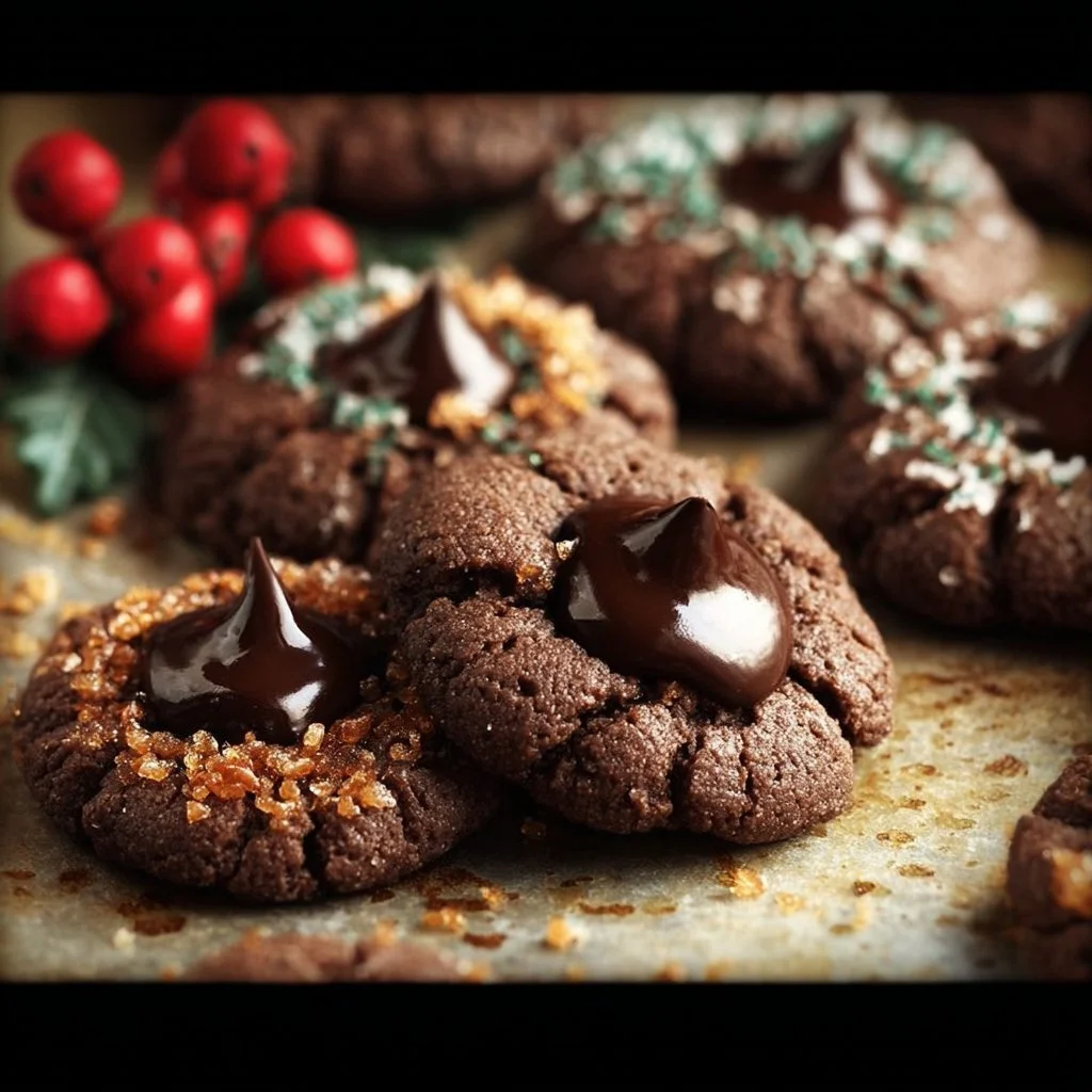 Freshly baked Chocolate Blossom Cookies with a chocolate center on a plate.