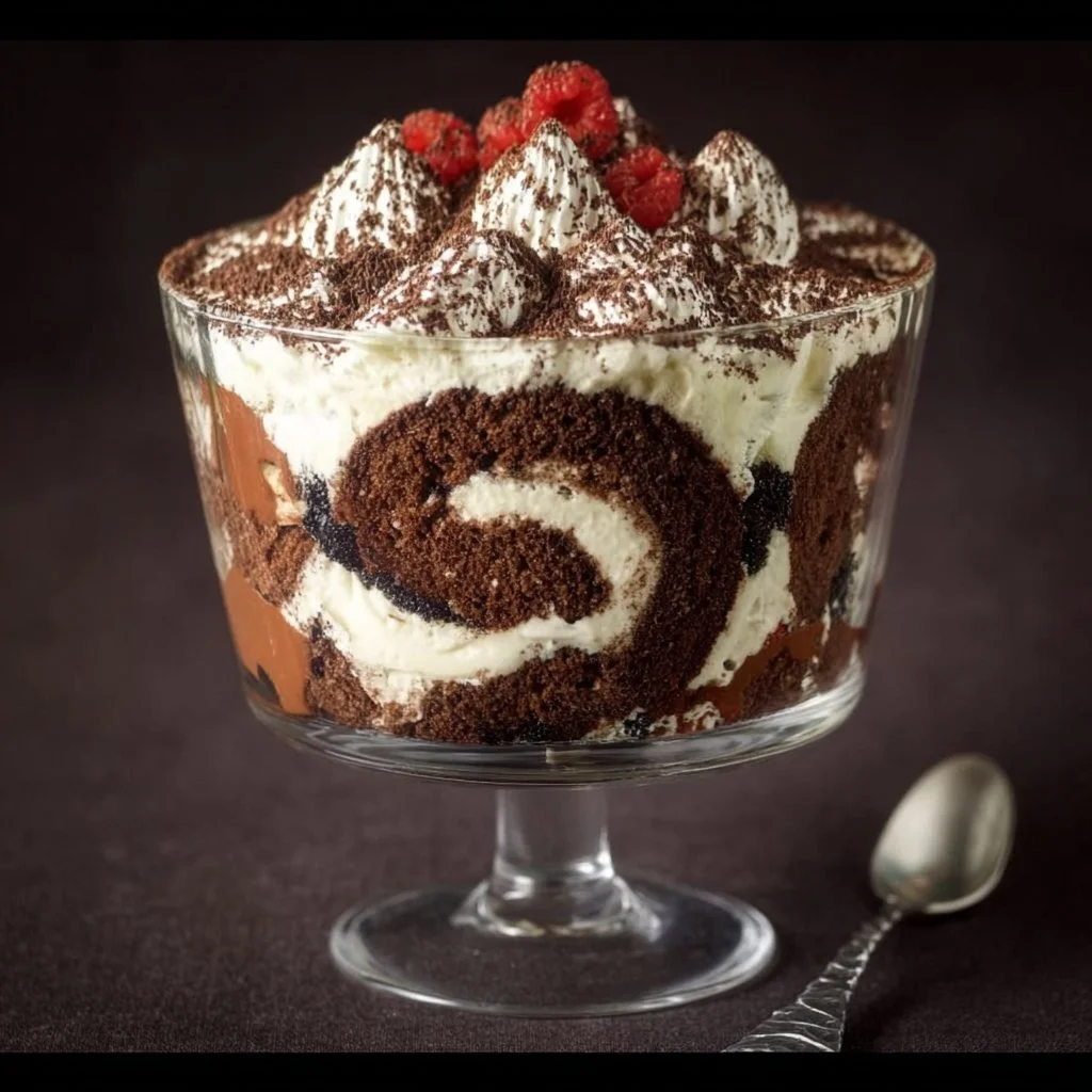 Chocolate Cake Roll Trifle dessert layered in a clear glass dish