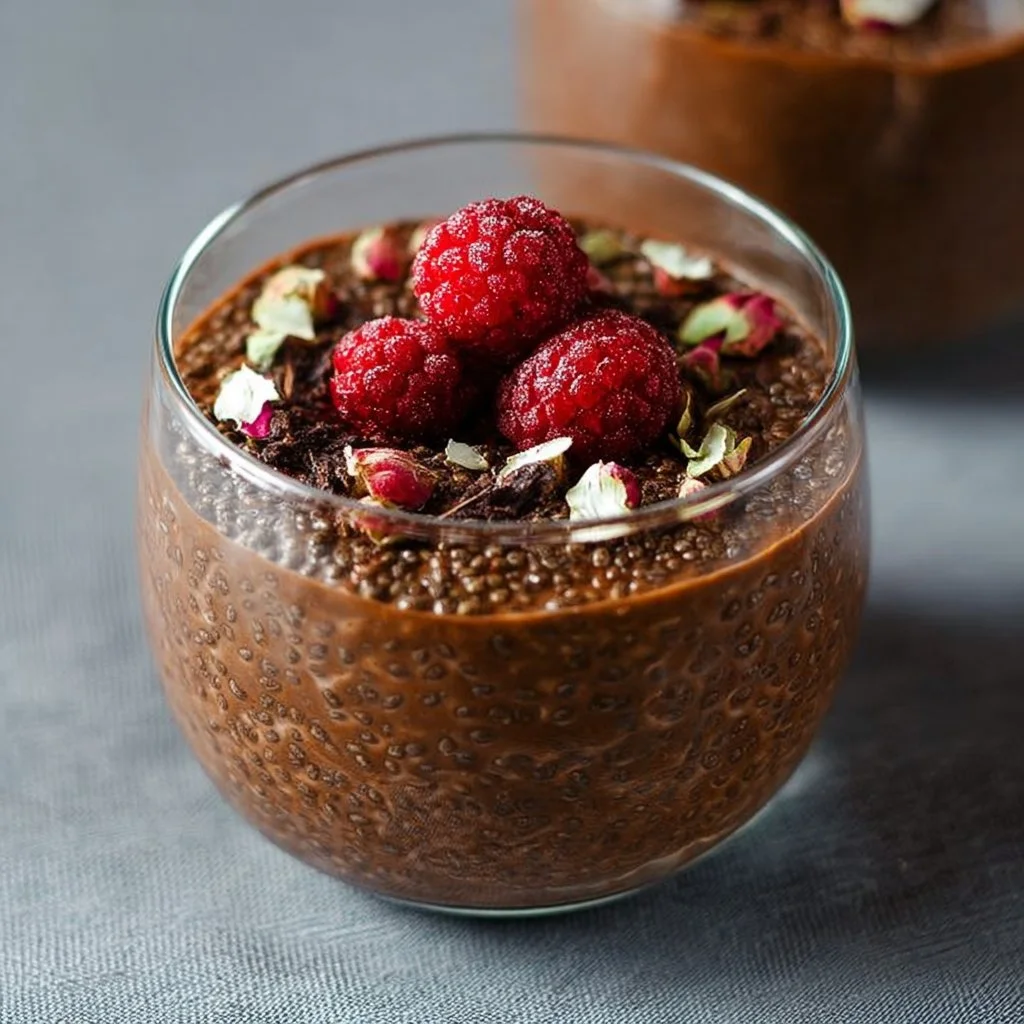 Creamy Chocolate Chia Seed Pudding in a glass topped with berries