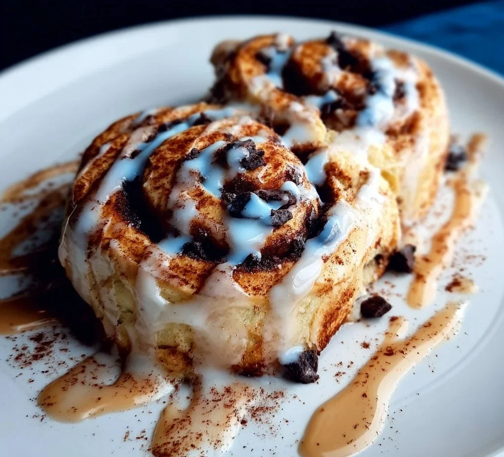 Delicious chocolate cookie cinnamon rolls drizzled with icing and topped with chocolate chips.