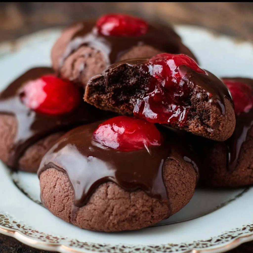 Plate of chocolate covered cherry cookies with cherry halves and melted chocolate