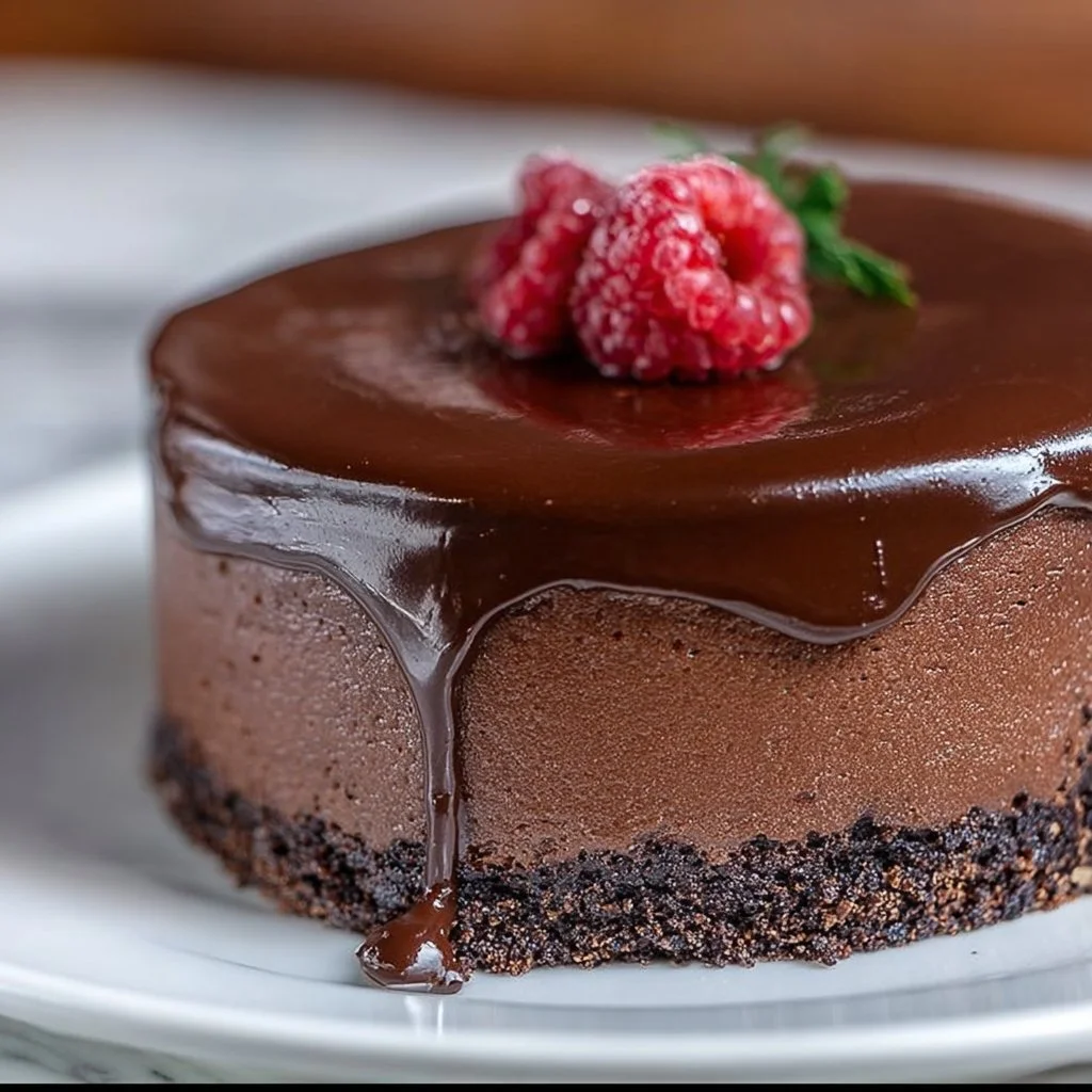 Delicious chocolate mousse cake topped with chocolate shavings and fresh berries.