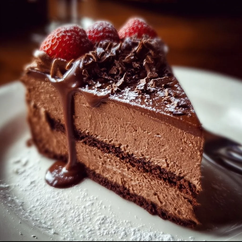 Delicious Chocolate Mousse Cake topped with chocolate shavings and berries