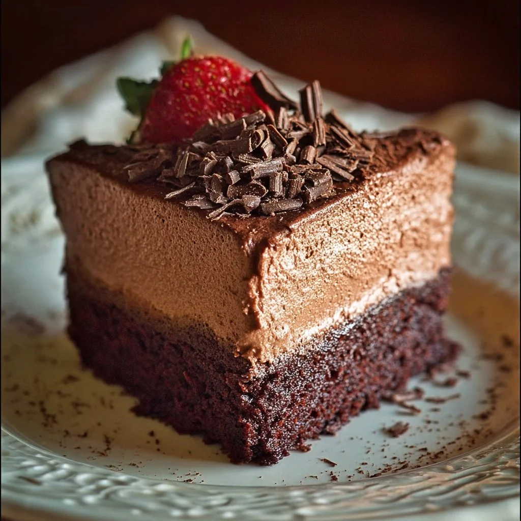 Delicious slice of Chocolate Mousse Cake topped with whipped cream and chocolate shavings.
