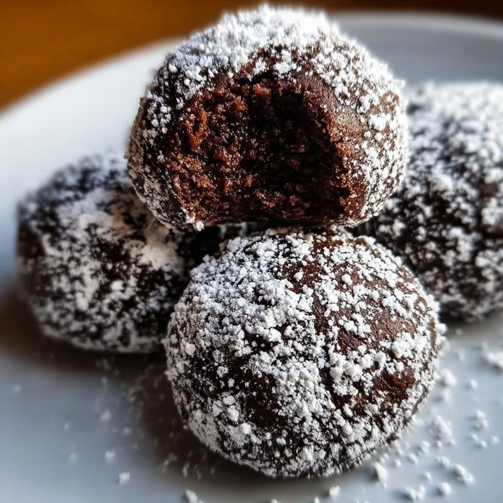 Deliciously rich Chocolate Snowball Cookies dusted with powdered sugar.