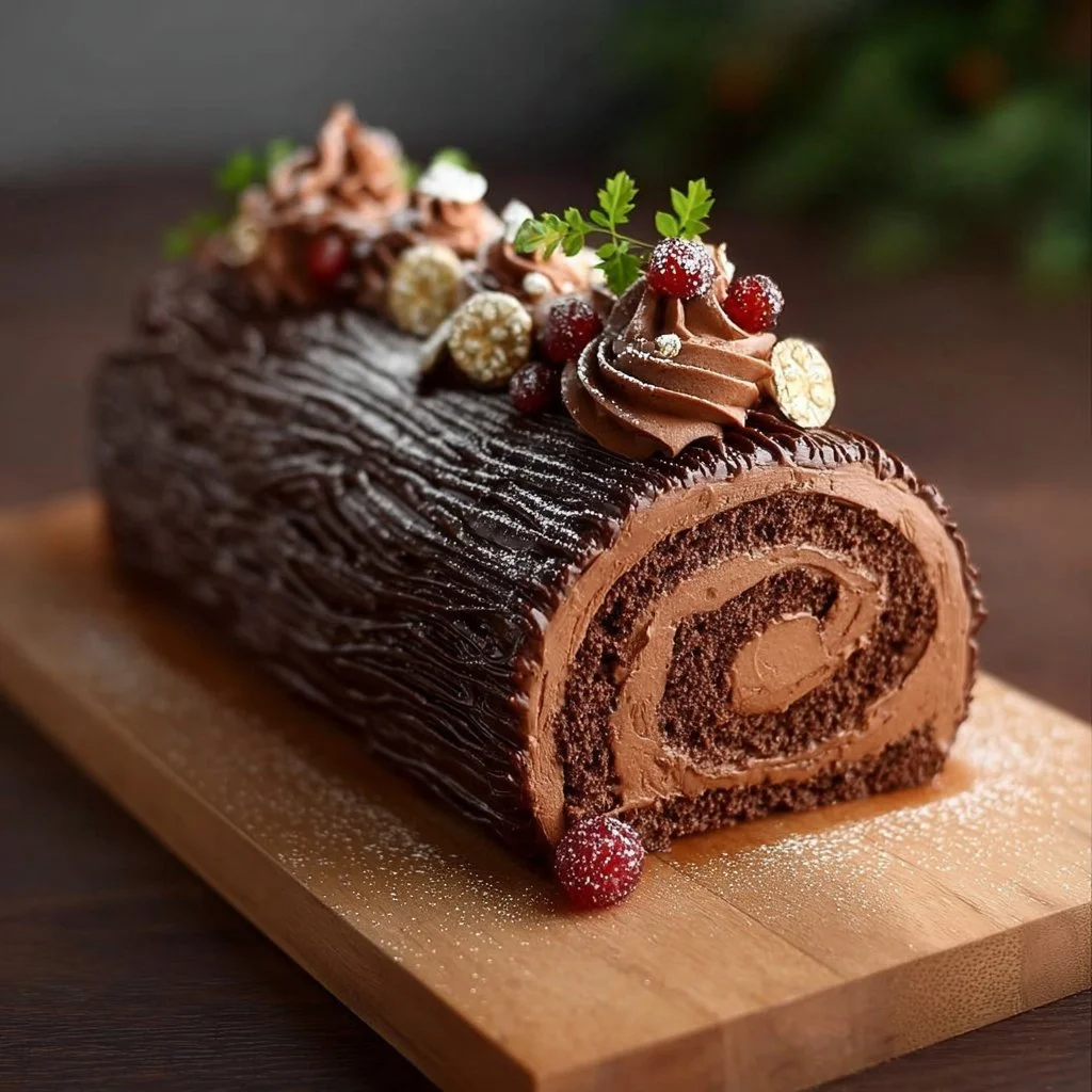 Decadent Chocolate Yule Log decorated for Christmas festivities