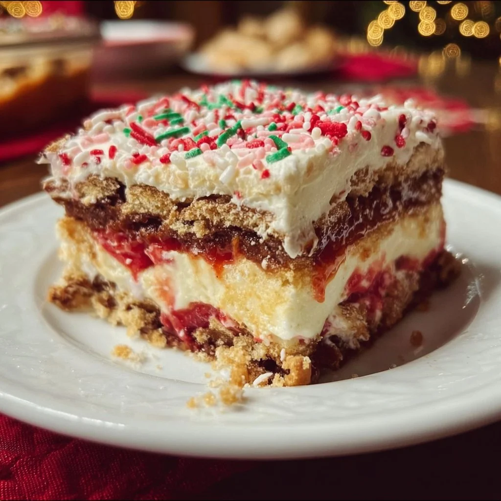 Delicious Christmas Cookie Lasagna served on a festive plate