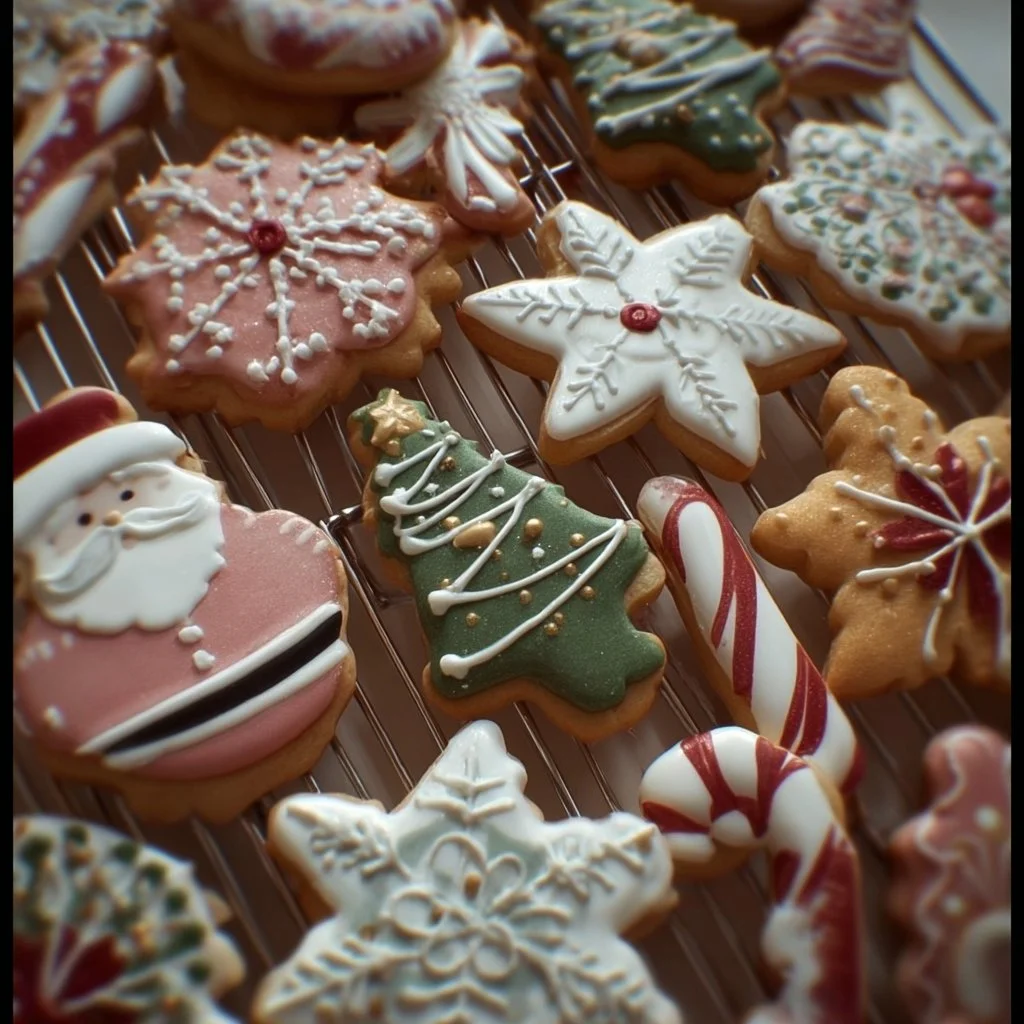 A variety of festive Christmas cookies decorated for the holiday season