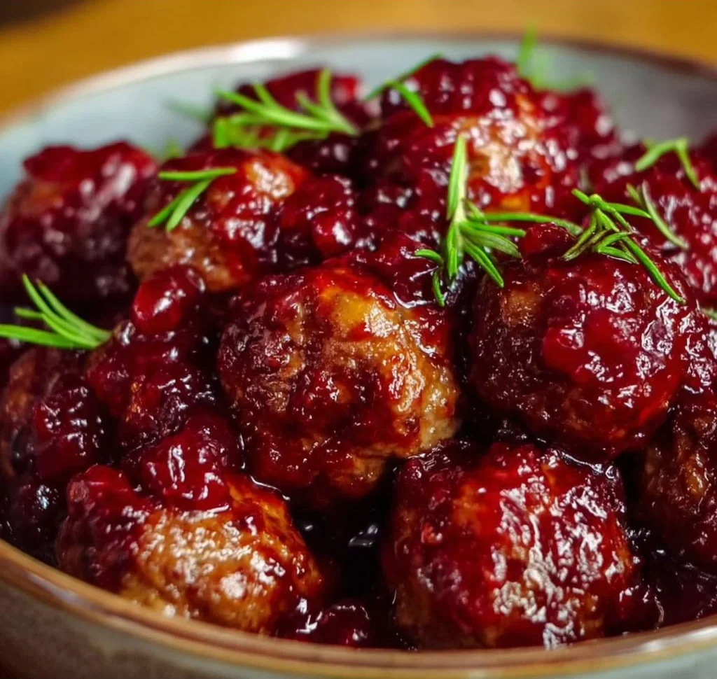 Plate of Christmas Cranberry Meatballs garnished with parsley