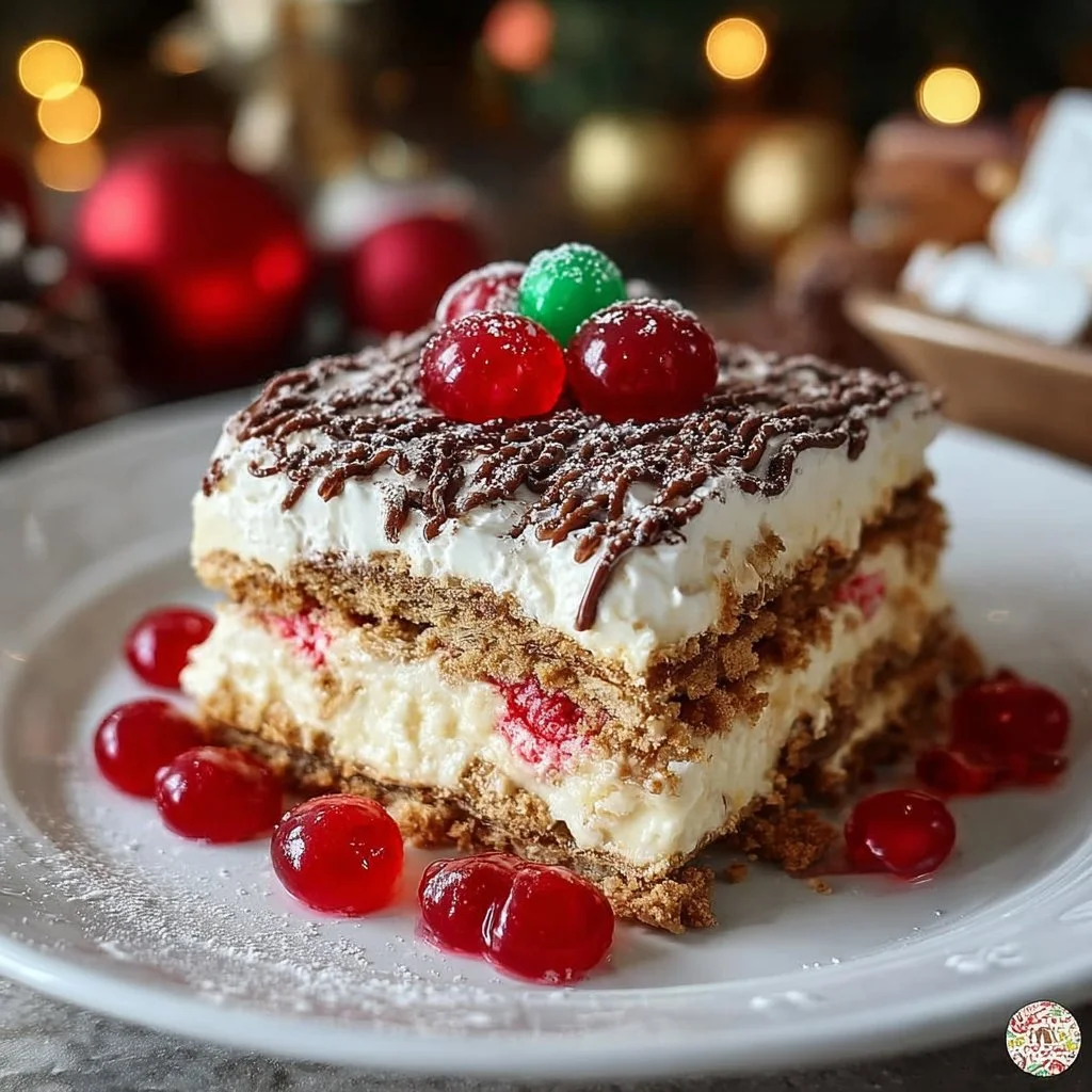 Christmas dessert lasagna layered with cream and festive toppings