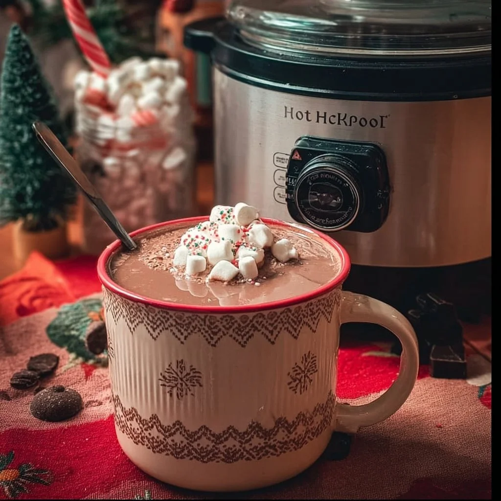 Delicious Christmas Eve creamy crockpot hot chocolate in a festive setting.
