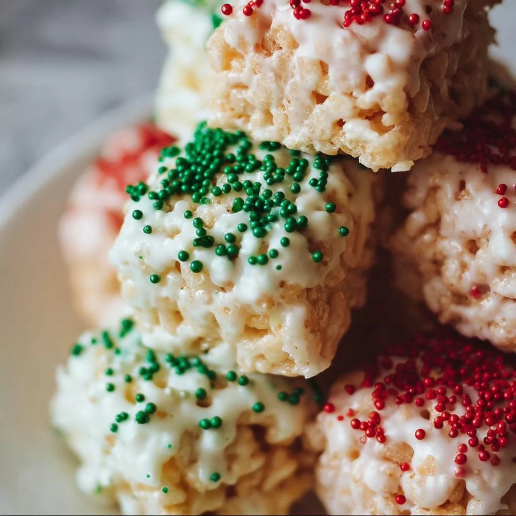Delicious Christmas Rice Crispy Treats decorated for the holidays