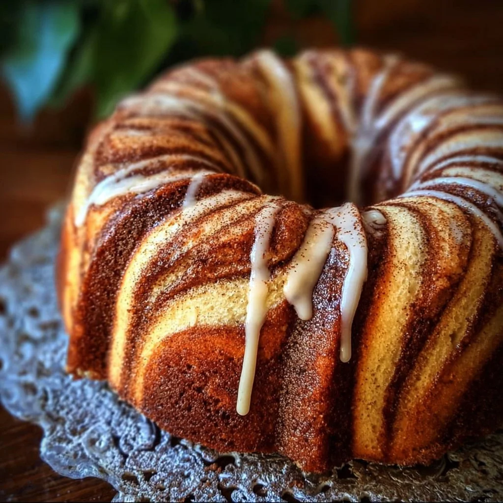 Delicious Cinnamon Swirl Bundt Cake on a decorative plate